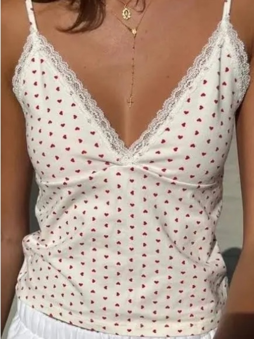 Brandy Melville Amara Lace Hearts Tank Top  in White / Red - One Size